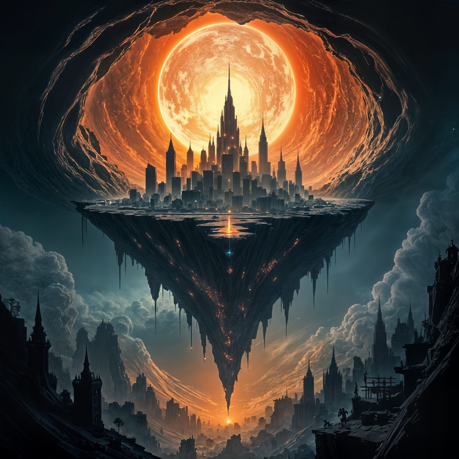 An inverted city hangs beneath a crater.
Upside-down towers reach toward a glowing pit.
Gravity anomalies ...  by @KomBib