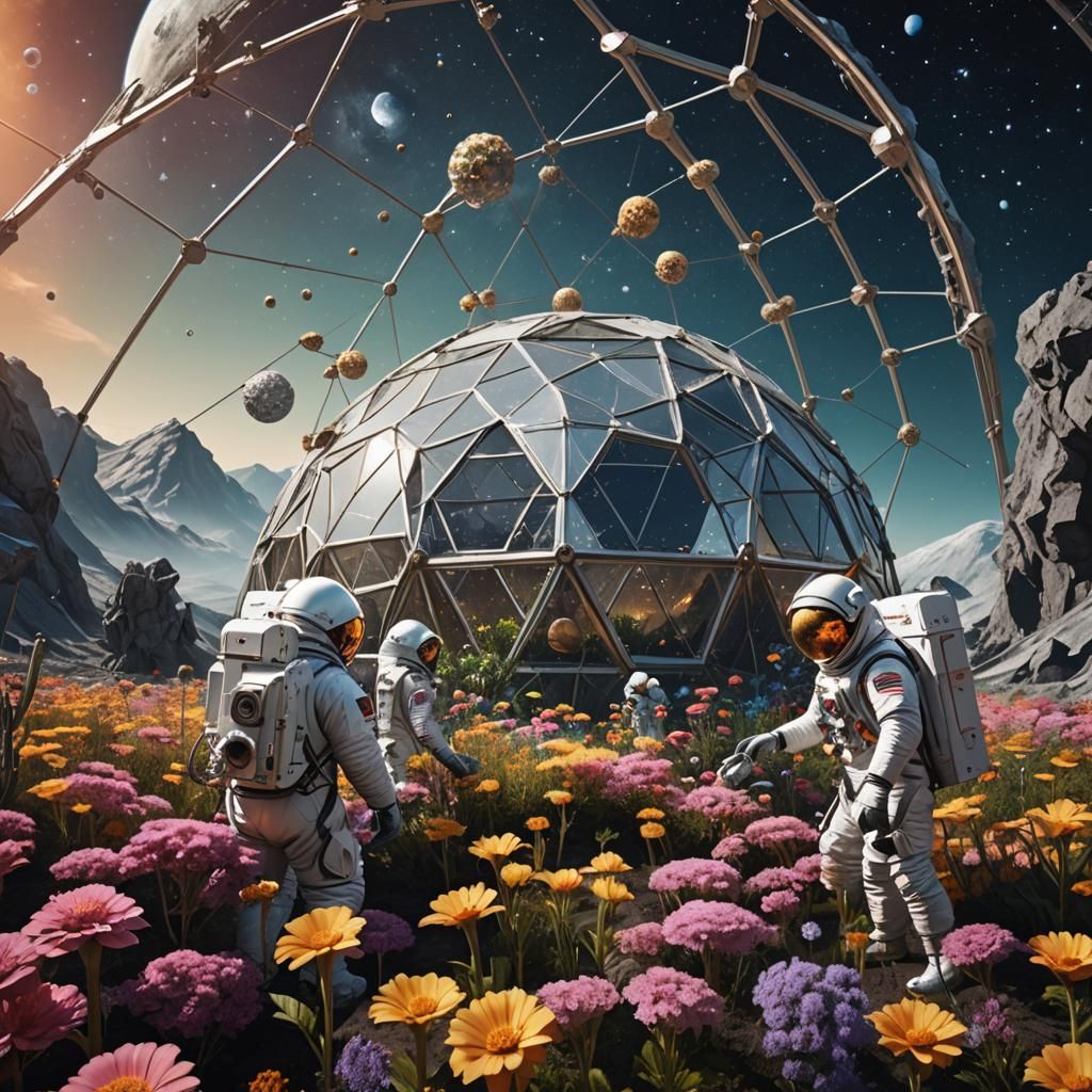 Three men in spacesuits tending to the flowers in a geodesic...