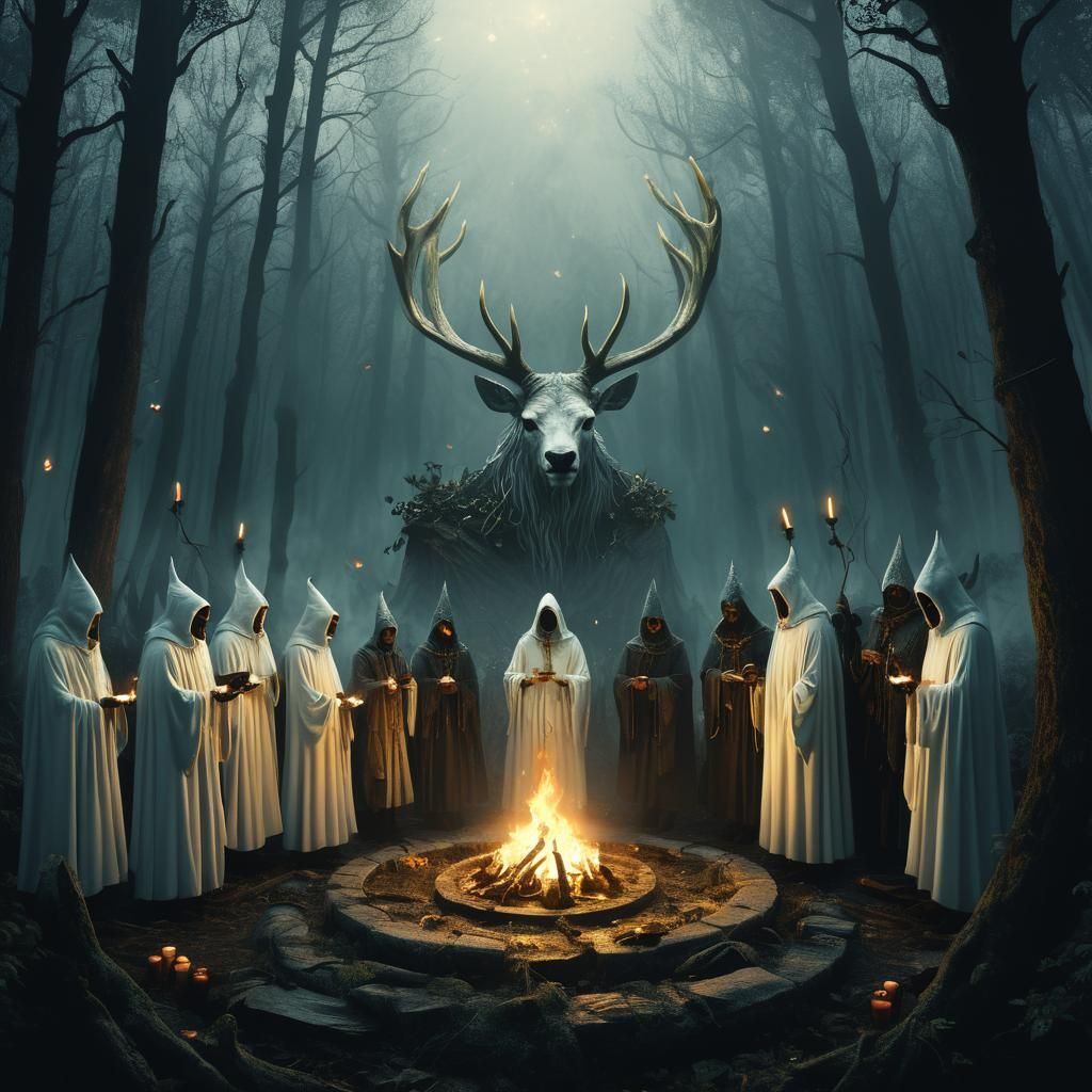 demonic somoning circle, sorounded by people wearing white cloakes and stag heads over their faces, lots of candels sorounding the somoning...