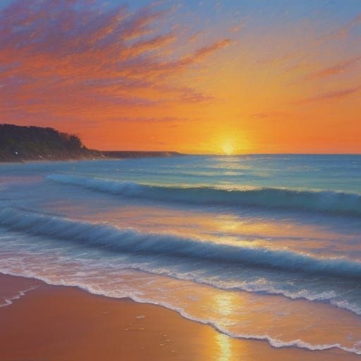 Vibrant Oil Painting of a Serene Beach Sunrise