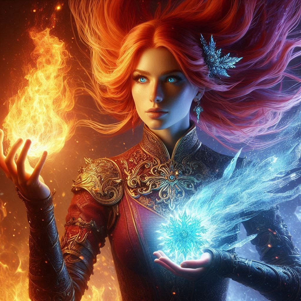 a red haired woman holding fire and ice