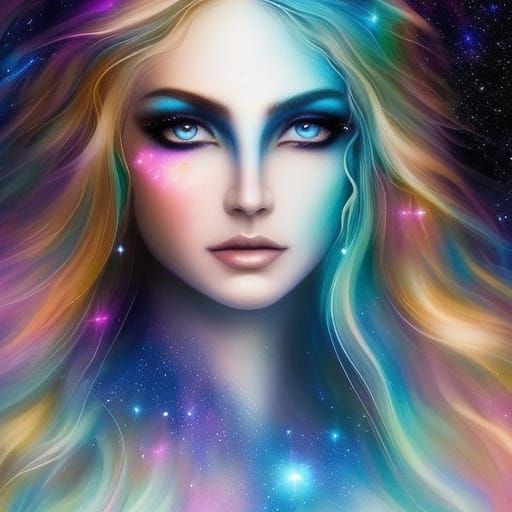 Goddess of Stars with galaxy eyes, surrounded by the night s...