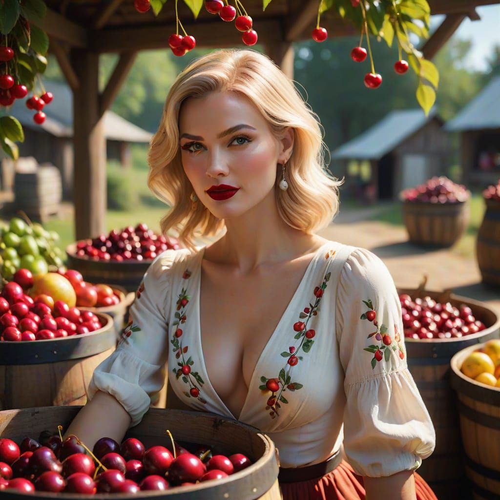 Vintage Blonde in Cherry Barrel at Farmstand