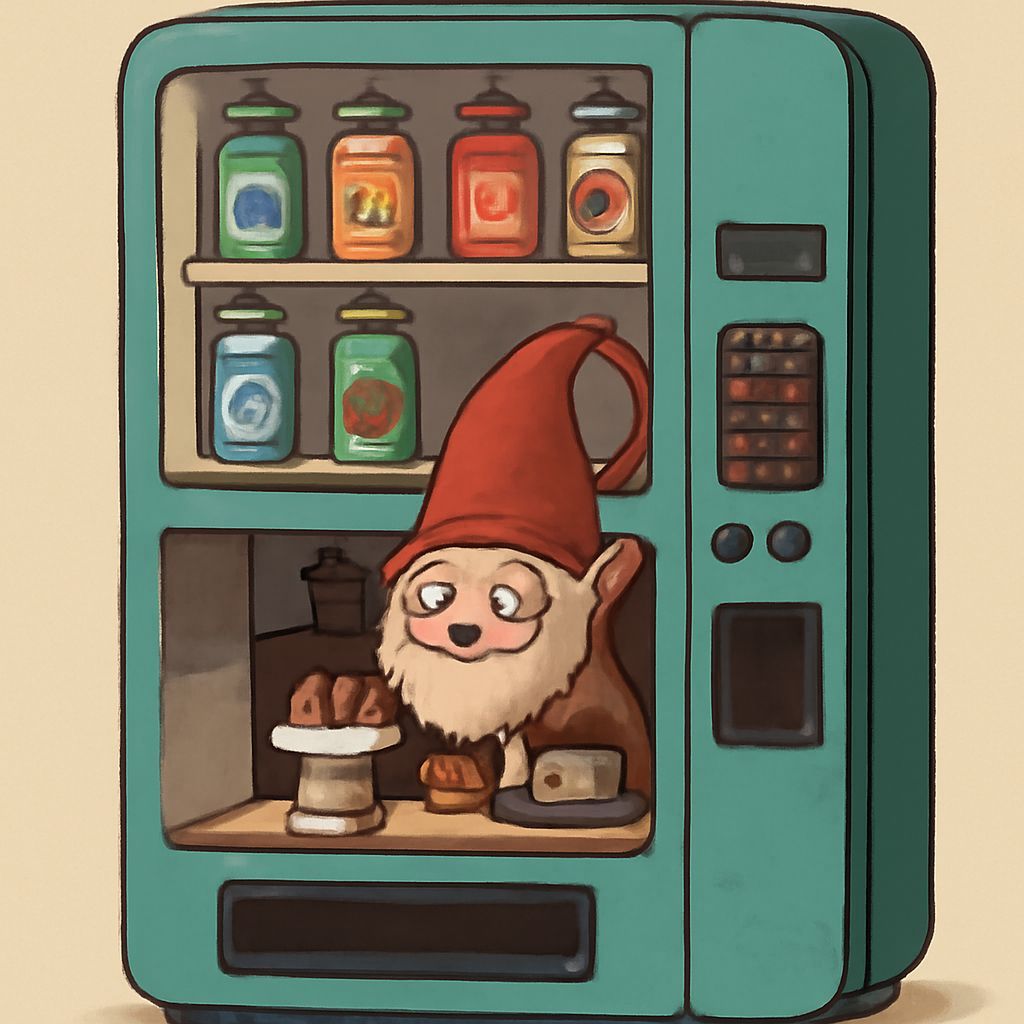 Gnome Mixologist Crafting Drinks Inside Vending Machine