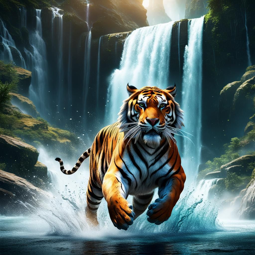 Bengal tiger running through waterfall
