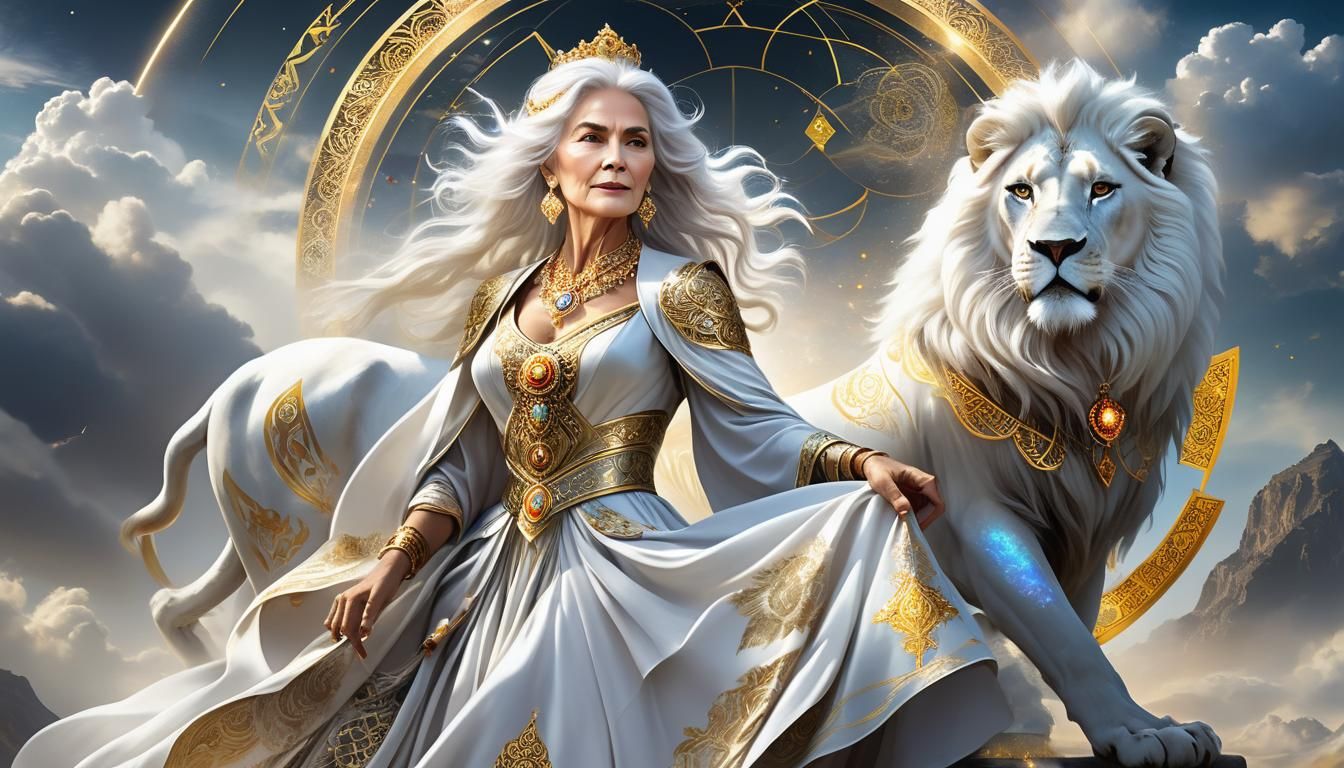 Older woman riding white lion in midriff top with billowing ...