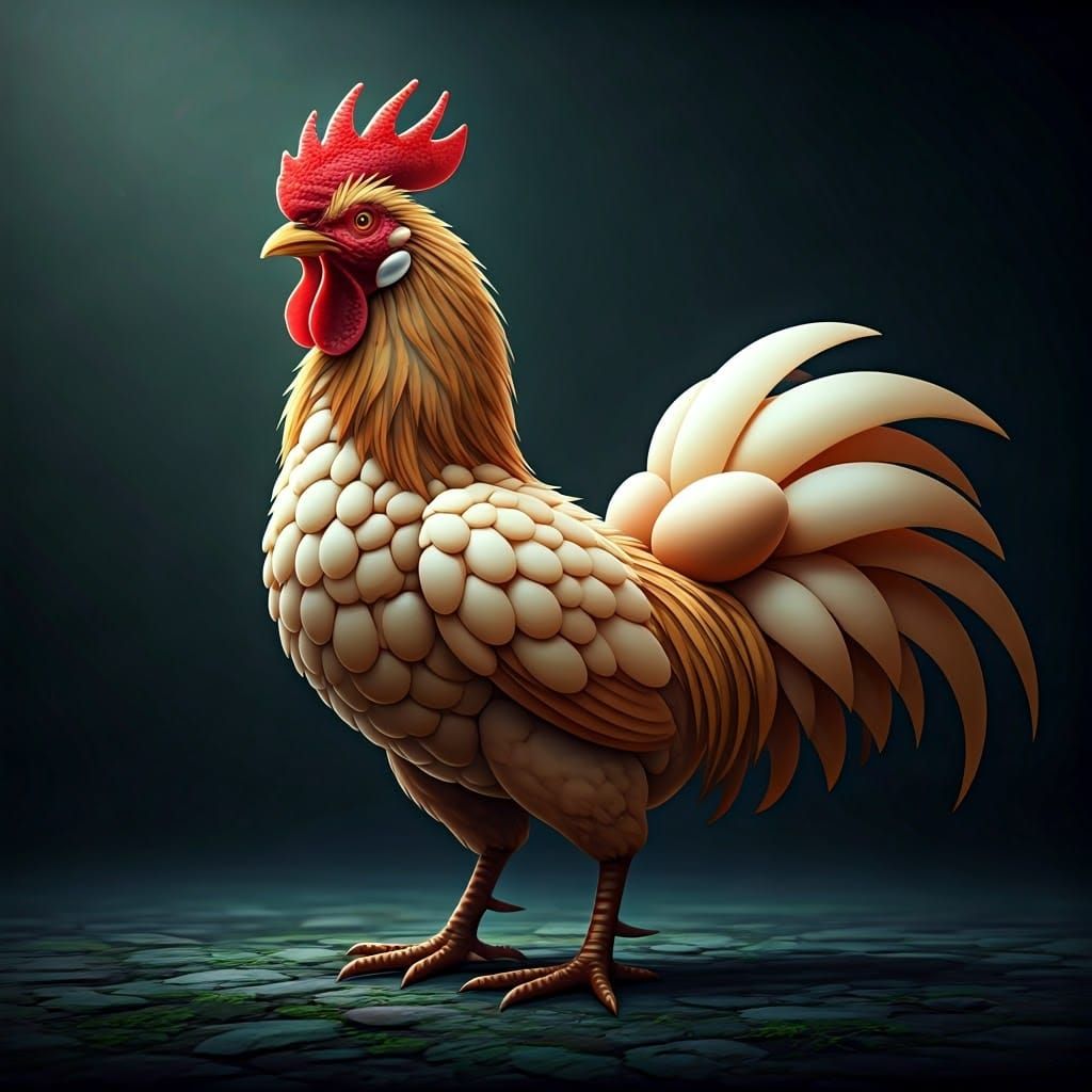 Eggshell Rooster Emerges from Ovoid Forms