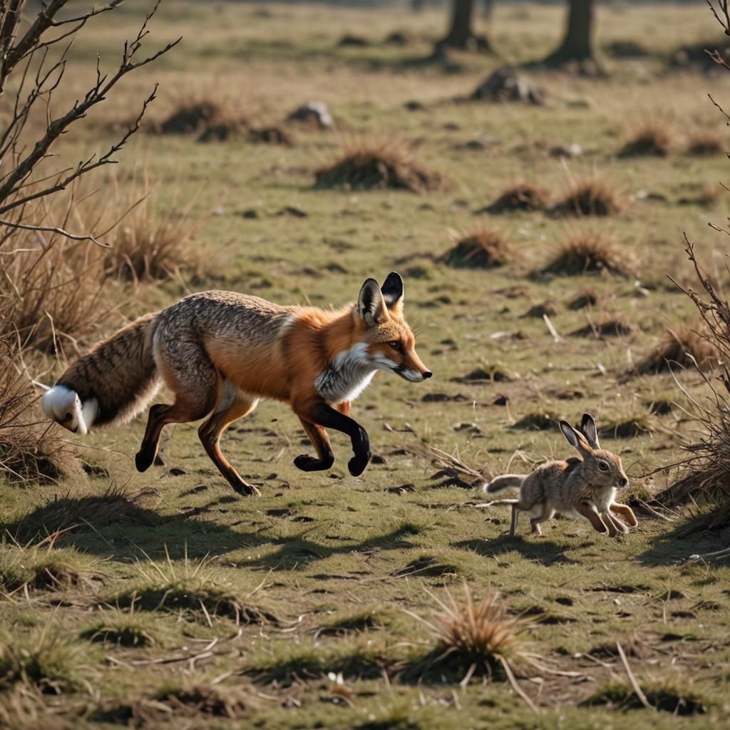 a fox hunting a hare background depth with 10 layers optimiz...