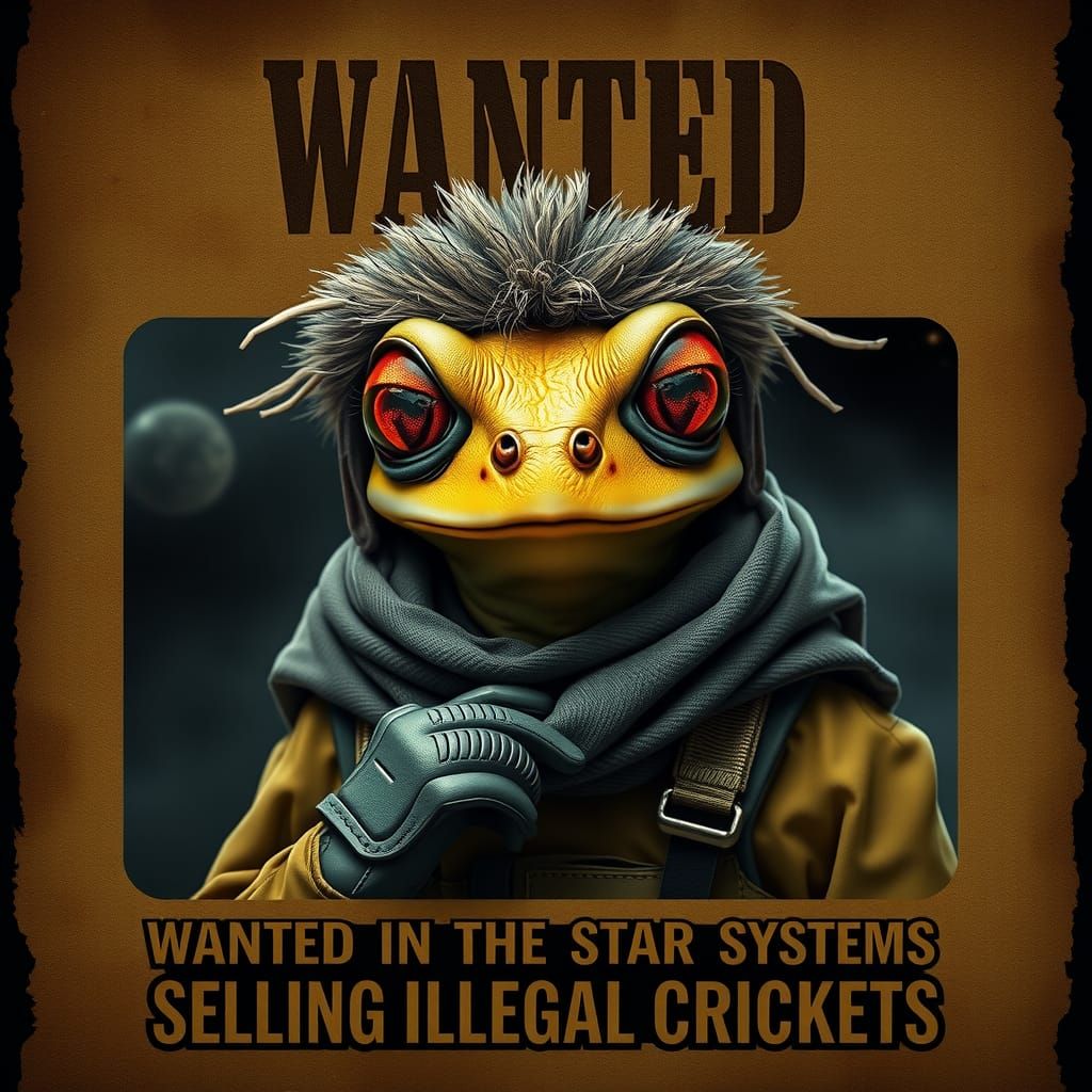 8k hyperdetailed, Wanted Poster (half frog, half bee alien) "WANTED IN THE STAR SYSTEMS FOR SELLING ILLEGAL ...  by @REWnSC62