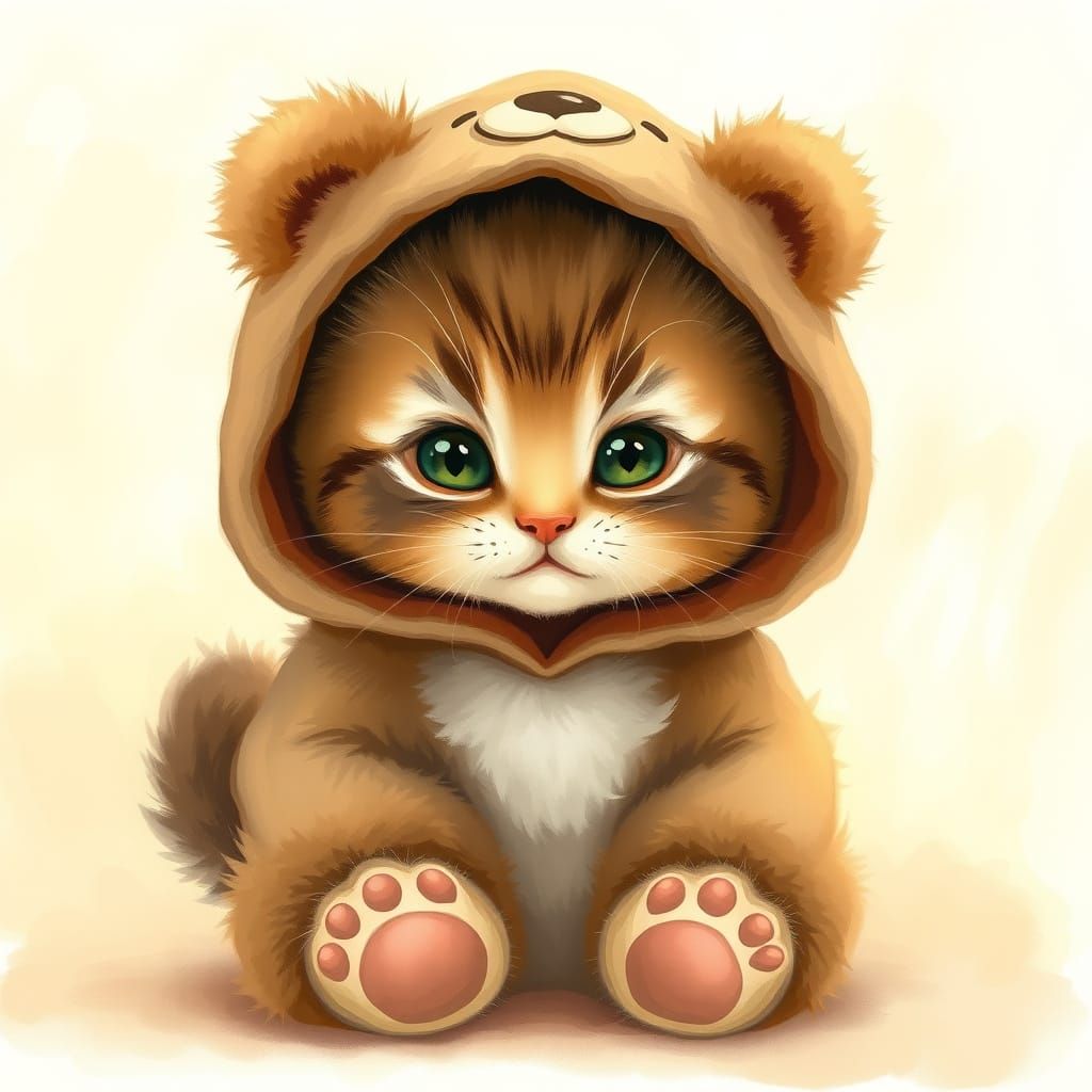 Whimsical Kitten in Teddy Bear Costume, Hand-Painted Illustr...