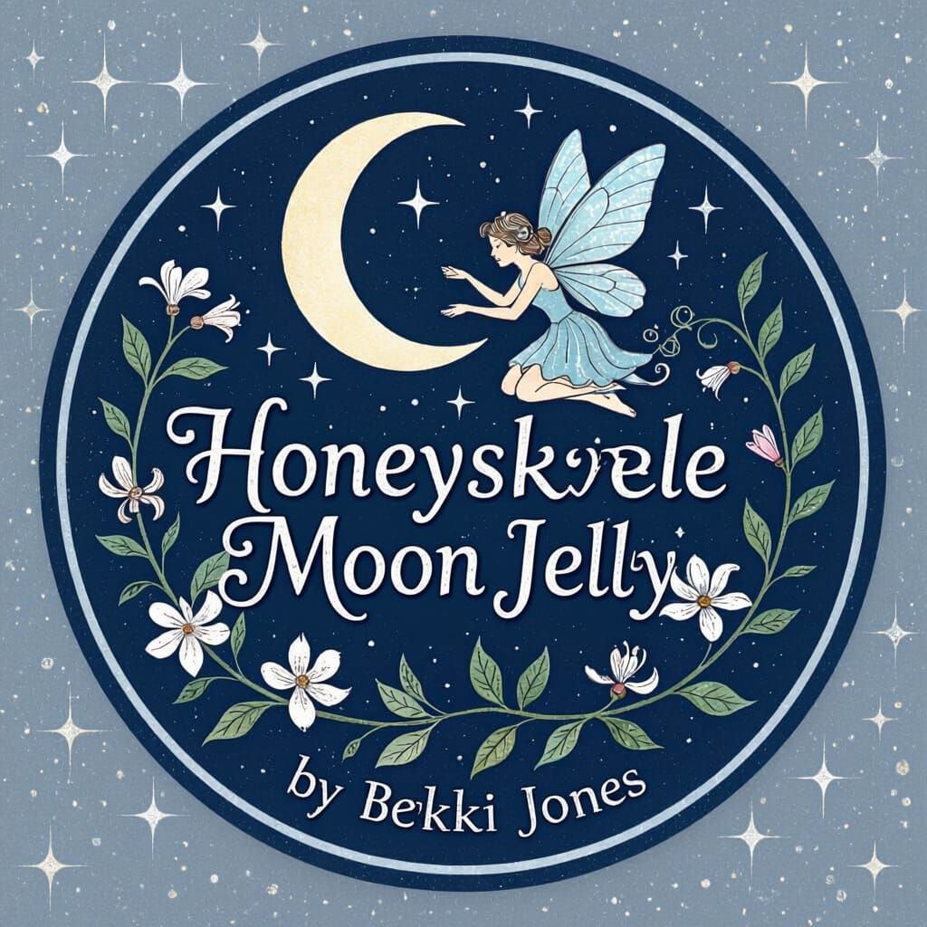 Labels to go on a Mason jar lid. Should read Honeysuckle Moon Jelly by Bekki Jones. I would like midnight blue with some sparkle, and a moon...