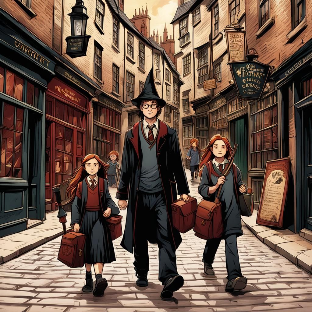 Hogwart's wizards wandering from shop to shop in diagon alley