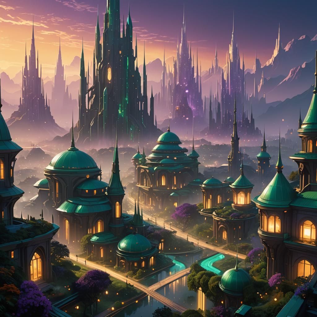 Futuristic Cityscape with Crystal Spires in Golden Light