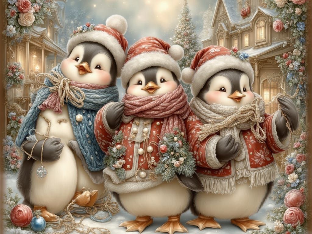 A group of cheerful penguins awkwardly attempting to put on ...