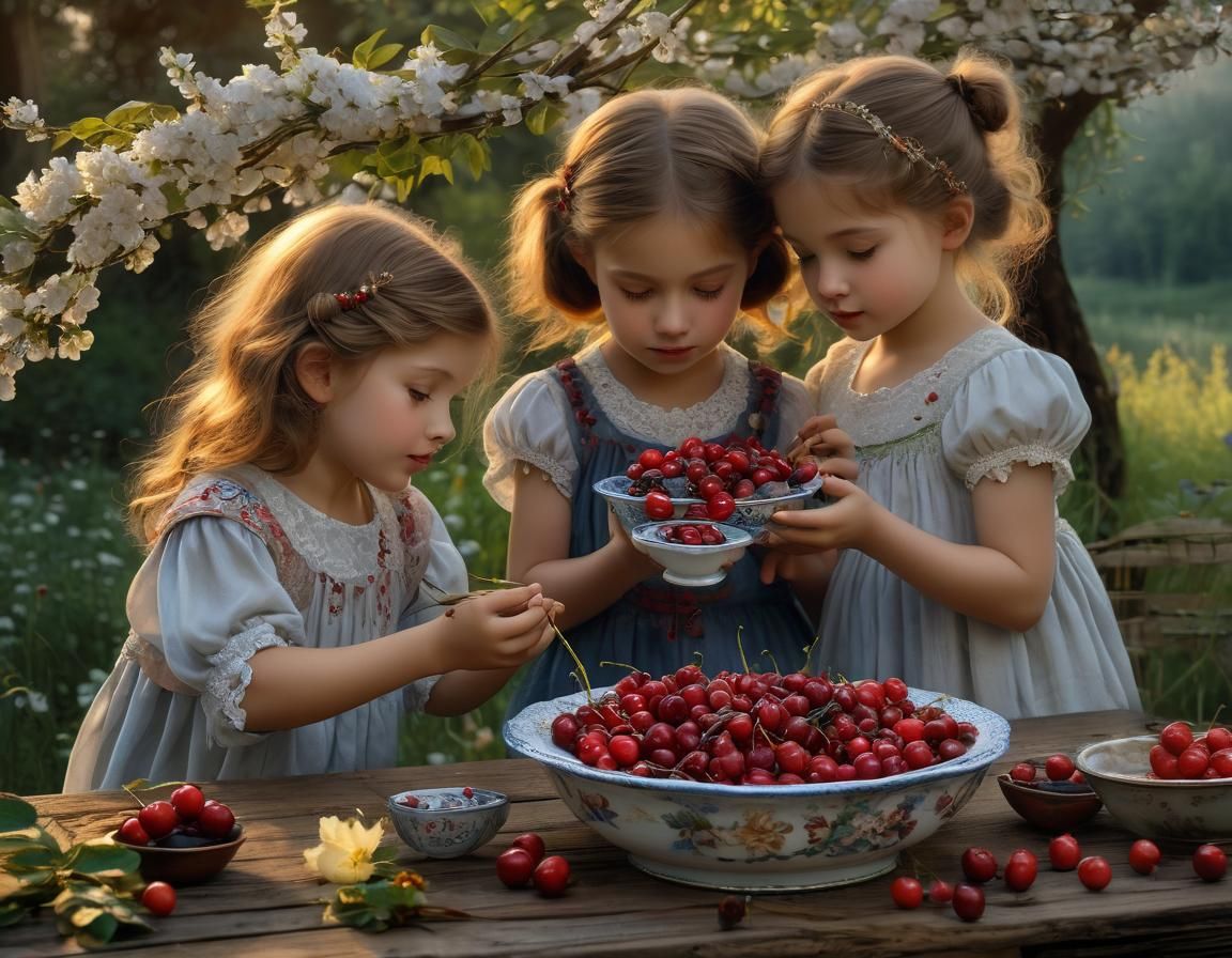 the cute children are eating cherries from a flowered porcel...