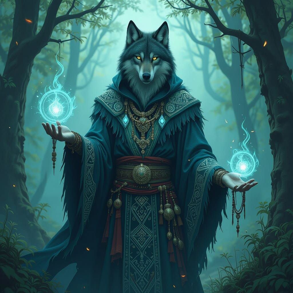 Create a digital illustration of Veles from Ukrainian mythology as an archetype of a trickster. Depict him with wolf-like traits symbolizing...
