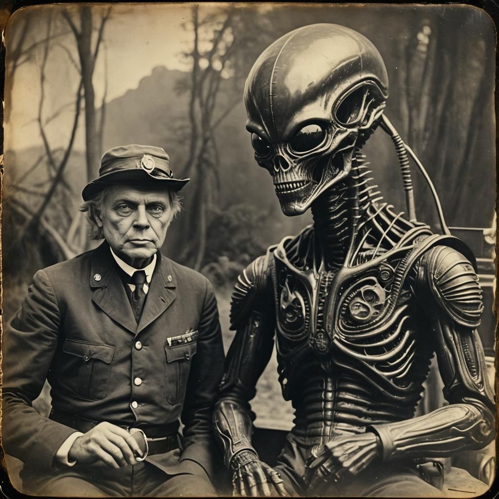 Old timey tin type photo of Alien by Giger with a Confederat...
