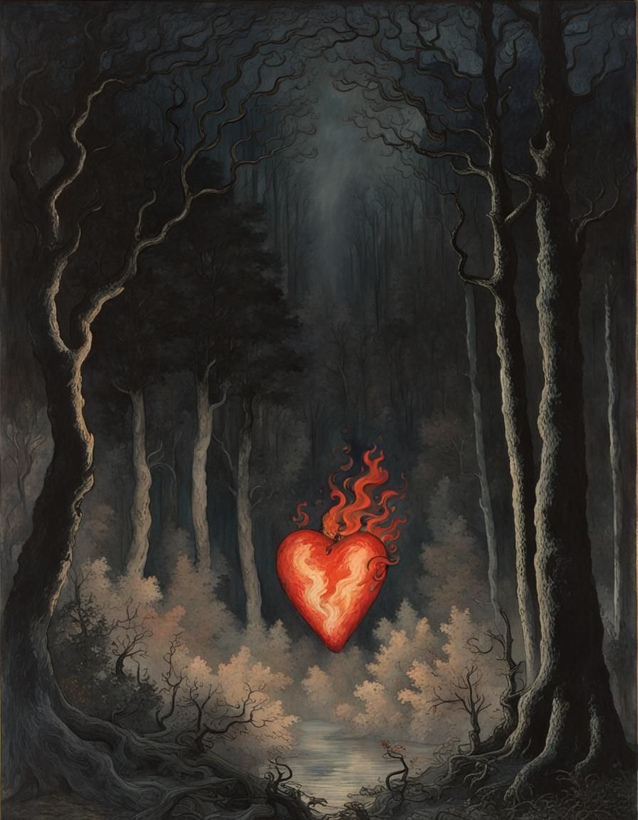 Flaming heart in dark forest, soft dark moody masterpiece By...