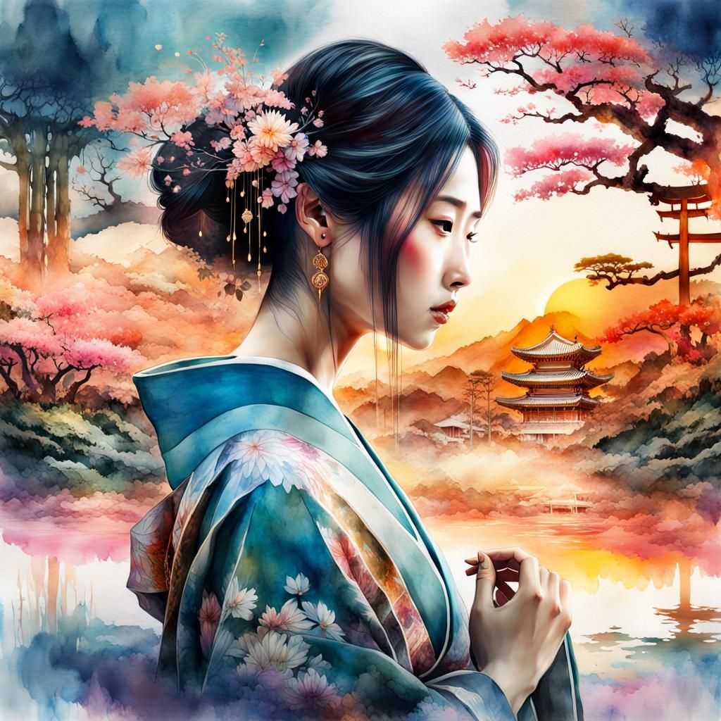 Japanese watercolor landscape - AI Generated Artwork - NightCafe Creator