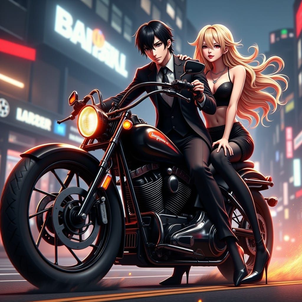 a handsome corpo agent with black long hair and suit riding a black nightrod chopper bike and have a blonde hair gorgeous woman at backseat...