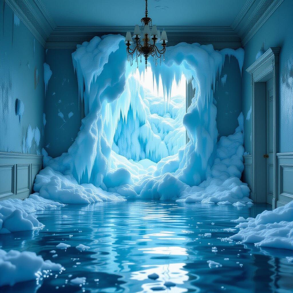 Surreal Ice Palace Forms in Flooded Old House