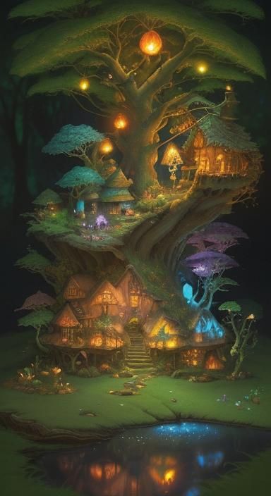 A fairy Village in a mystical forest 