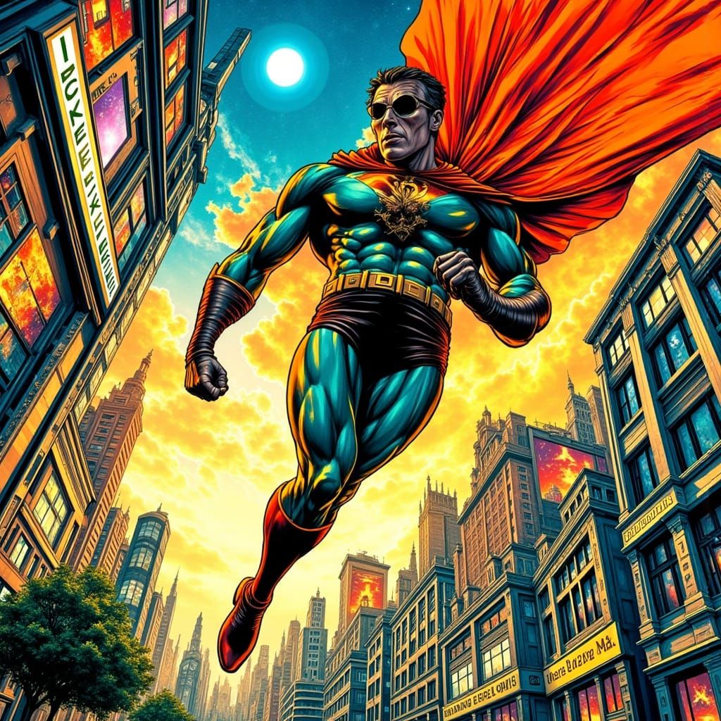 <lora:Abstract Reality:1.0> Retro Comic Book Panel (1960s)
A superhero soaring over a city skyline with bright primary colors, thick black o...