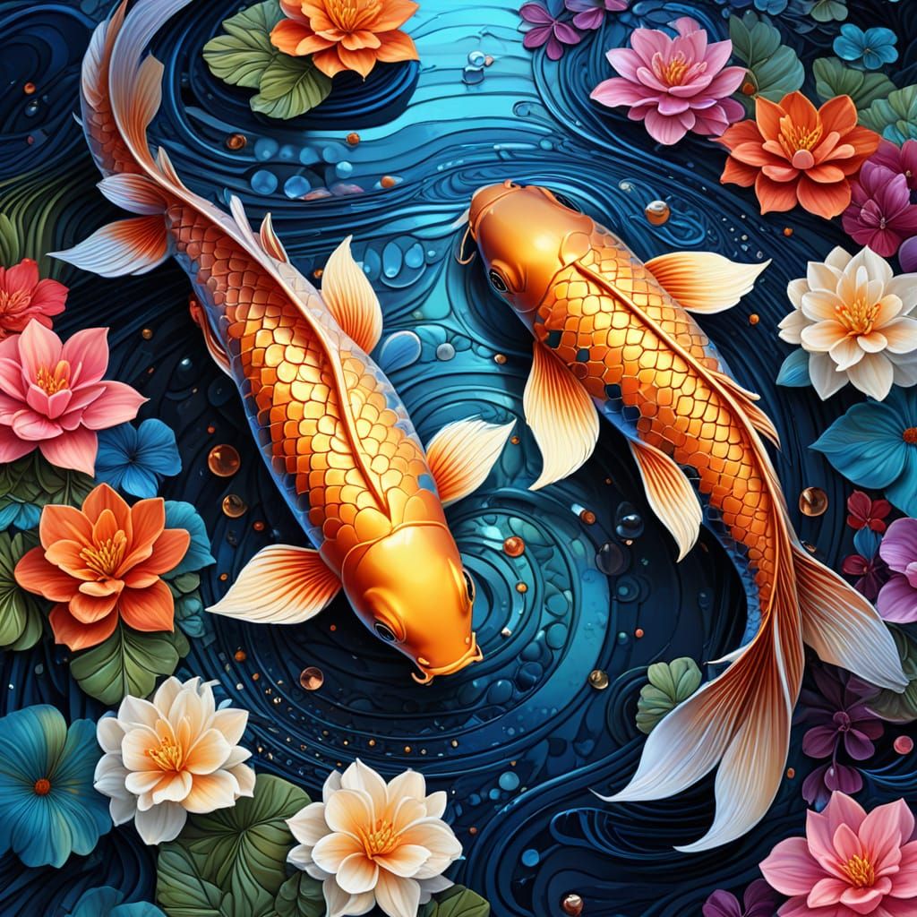 Yin and Yang Koi Fish in Lotus Pond Surrounded by Delicate Bubbles