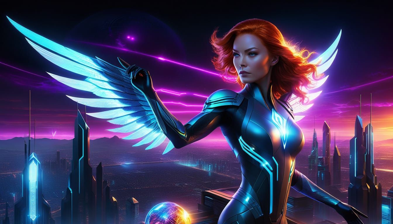 Epic, hyperrealistic, cyber-organic portrait of Jean Grey (Phoenix) in the year 2077. She embodies a harmonious, powerful fusion of advanced...