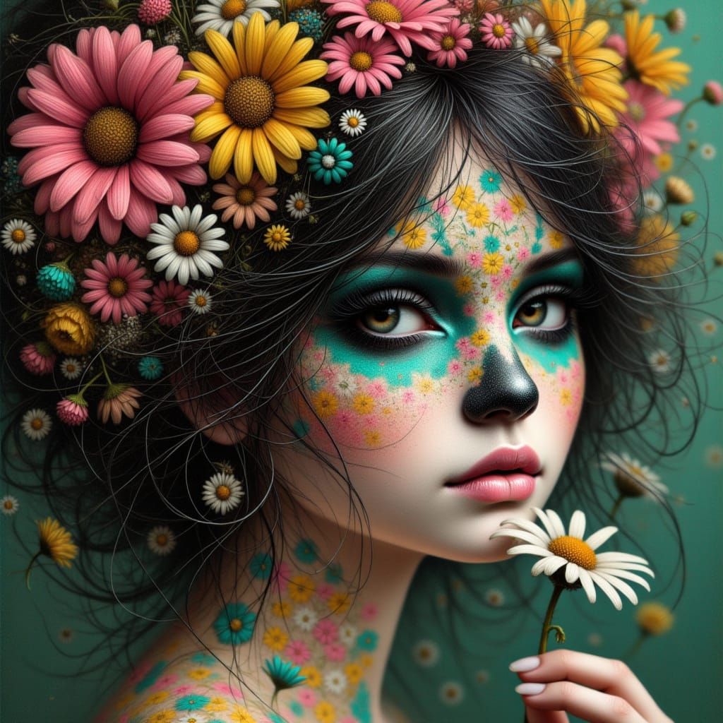 <lora:Pastel Patches:1.0> Medium shot of a beautiful woman wearing colorful Día de los Muertos face paint.