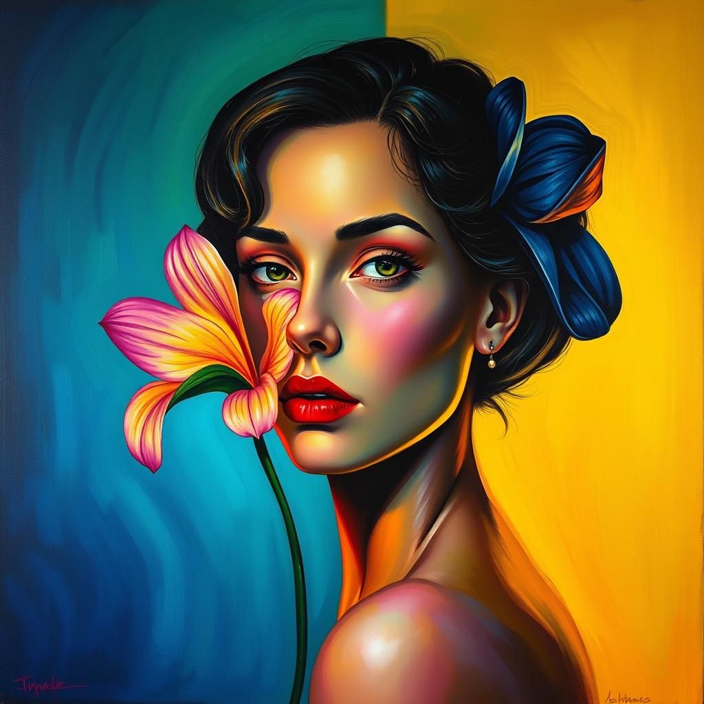 "Self-portrait ,Tamara de Lempicka, flower, rainbow glowing lines, oils"  by @froggyrockz 