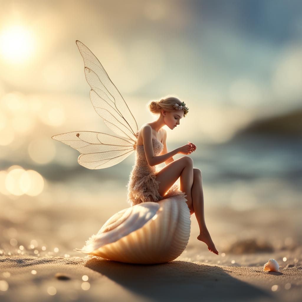fairy holding a tiny shell in her hand. 