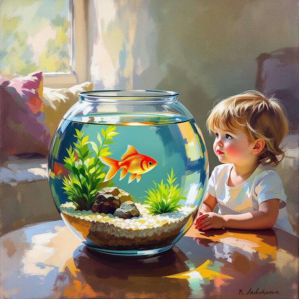 Child Gazes at Goldfish in Impressionistic Aquarium