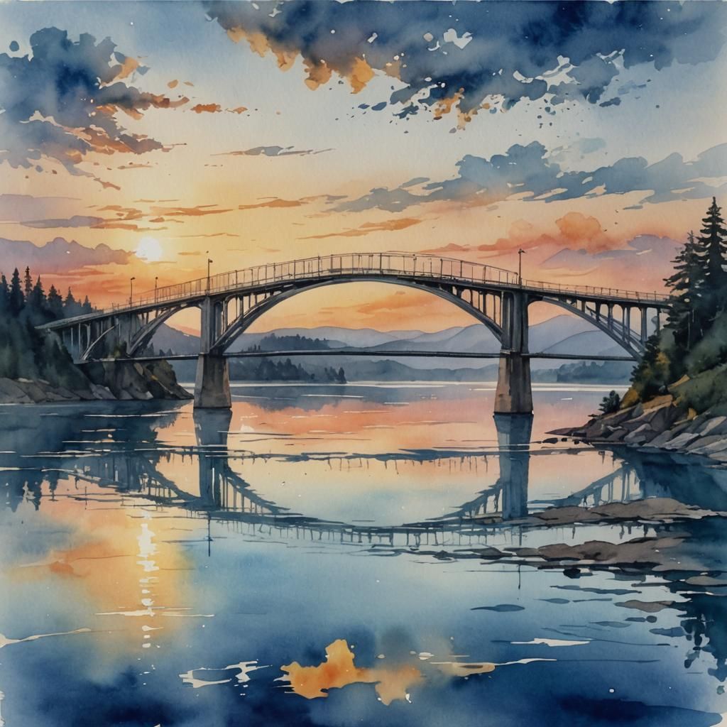 Water color sunset with a big silver wavy bridge with a huge...