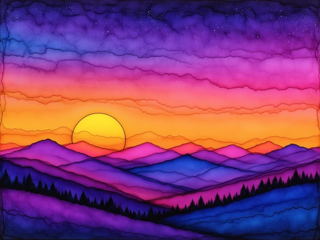 <lora:Neon Alcohol Ink:1.0> sunset over the hills, created in neon alcohol ink,