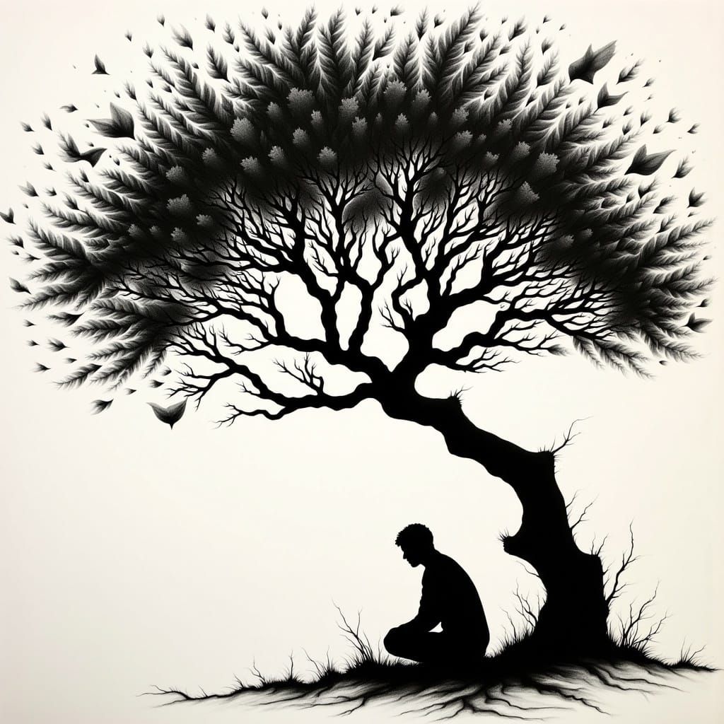 (Negative space art:1.9) A lone figure sitting beneath a large tree. The tree’s branches and leaves are depicted in negative space, and with...