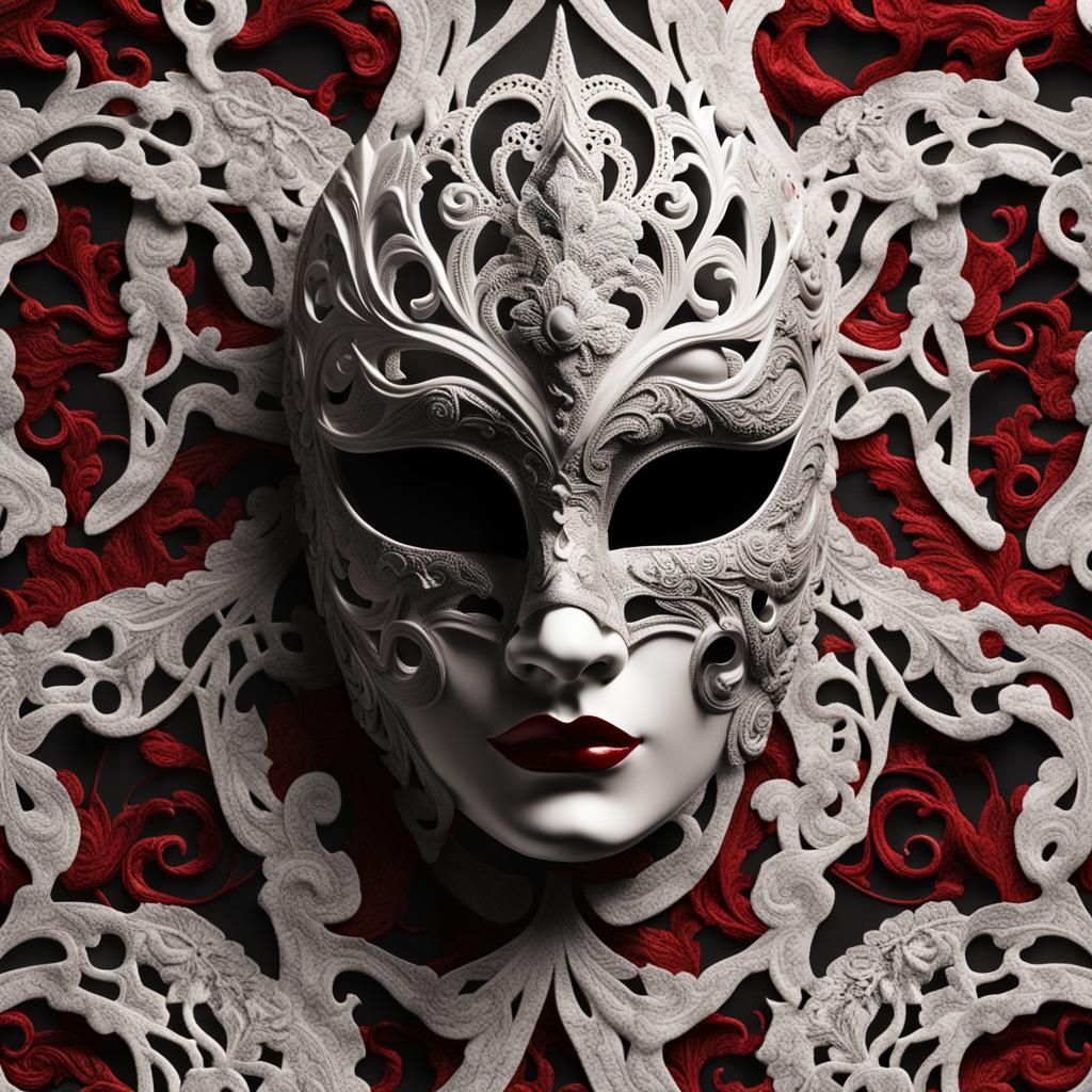 Venice mask, marble, lace, white, black, red, sharp
