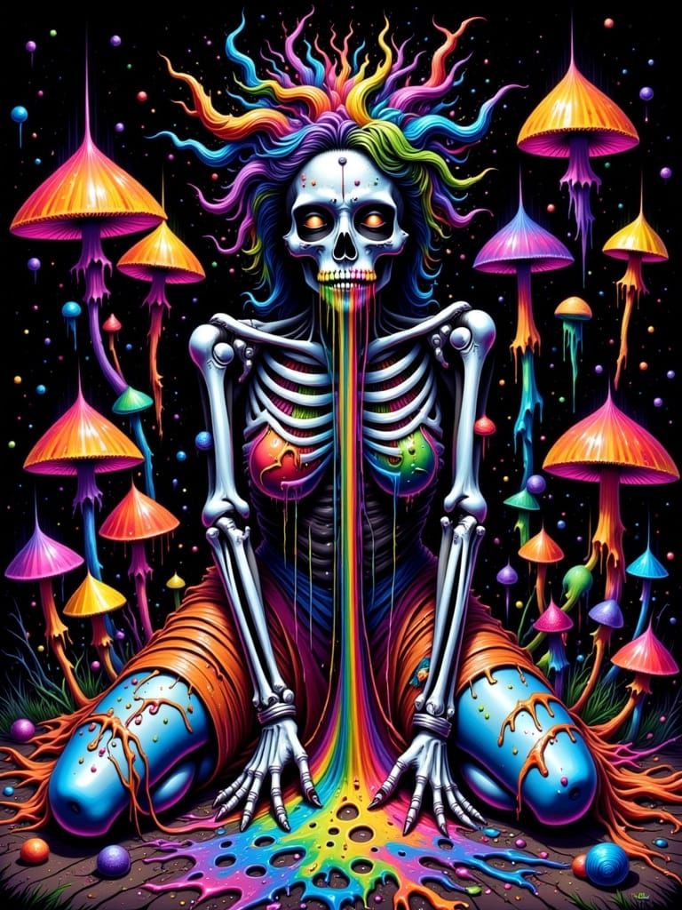 Decaying Woman Vomiting Rainbow Slime in Sinister Cabaret