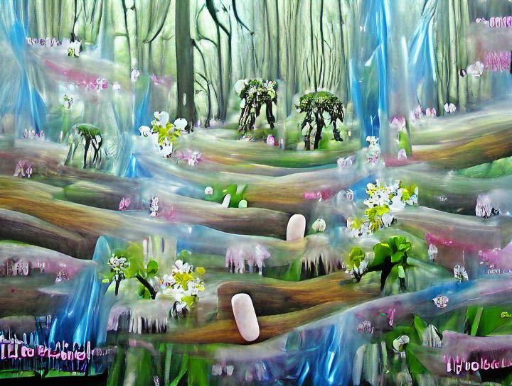 Ethereal spring forest with wildflowers acrylic painting