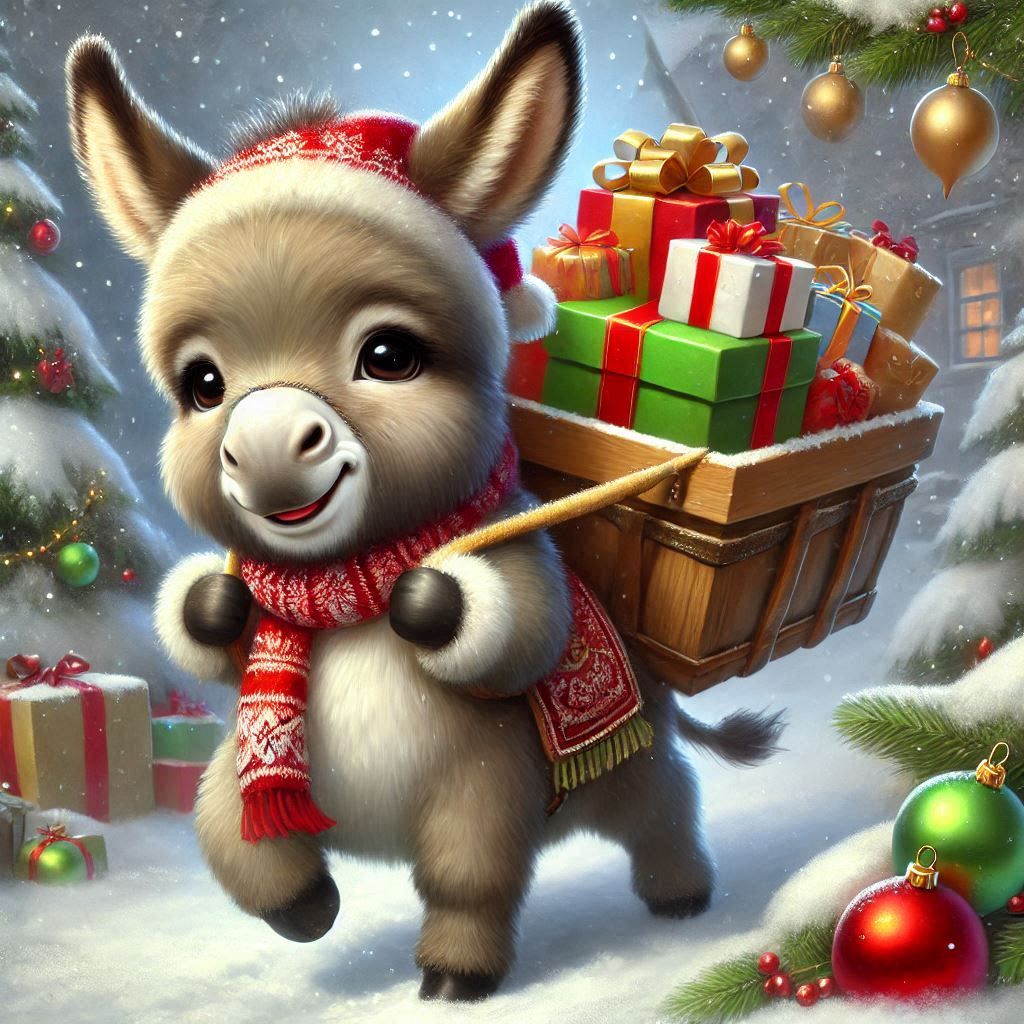 A cute little donkey handing out gifts for Christmas.