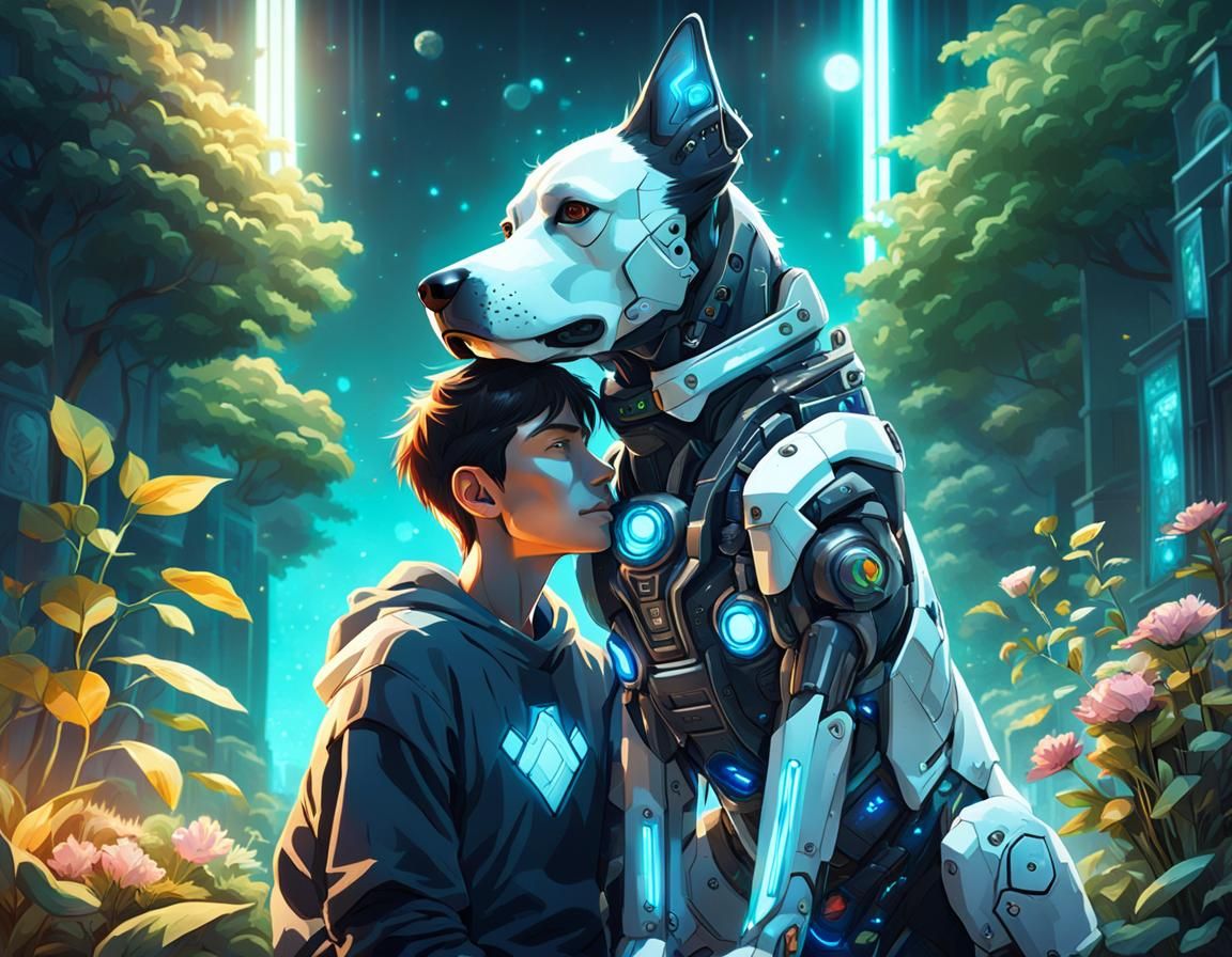 Boy cuddling his Cyborg Dog  by @Uttia Majumdar