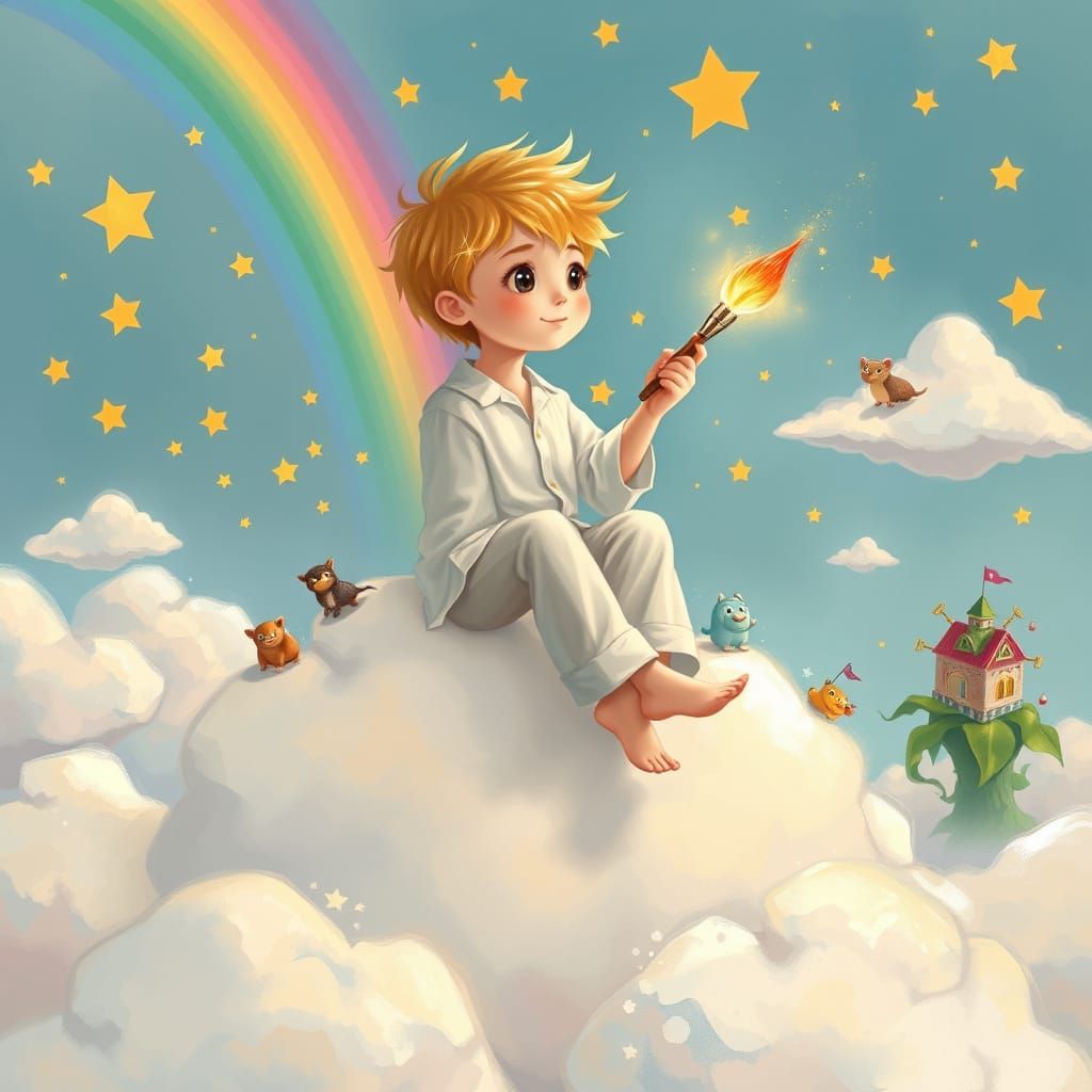 Whimsical Boy Paints Rainbow Stars on Cloudy Folk Art Sky