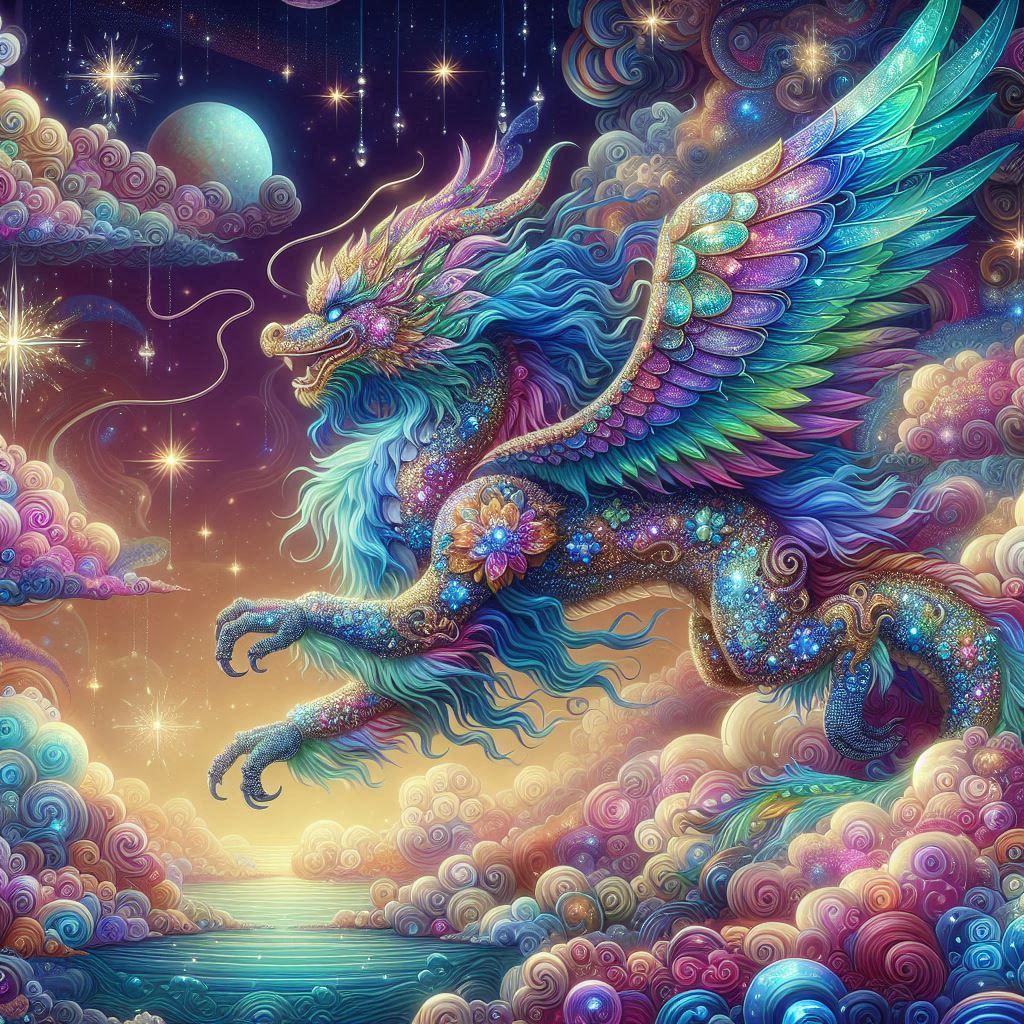 A majestic celestial opalescent gemstone dragon