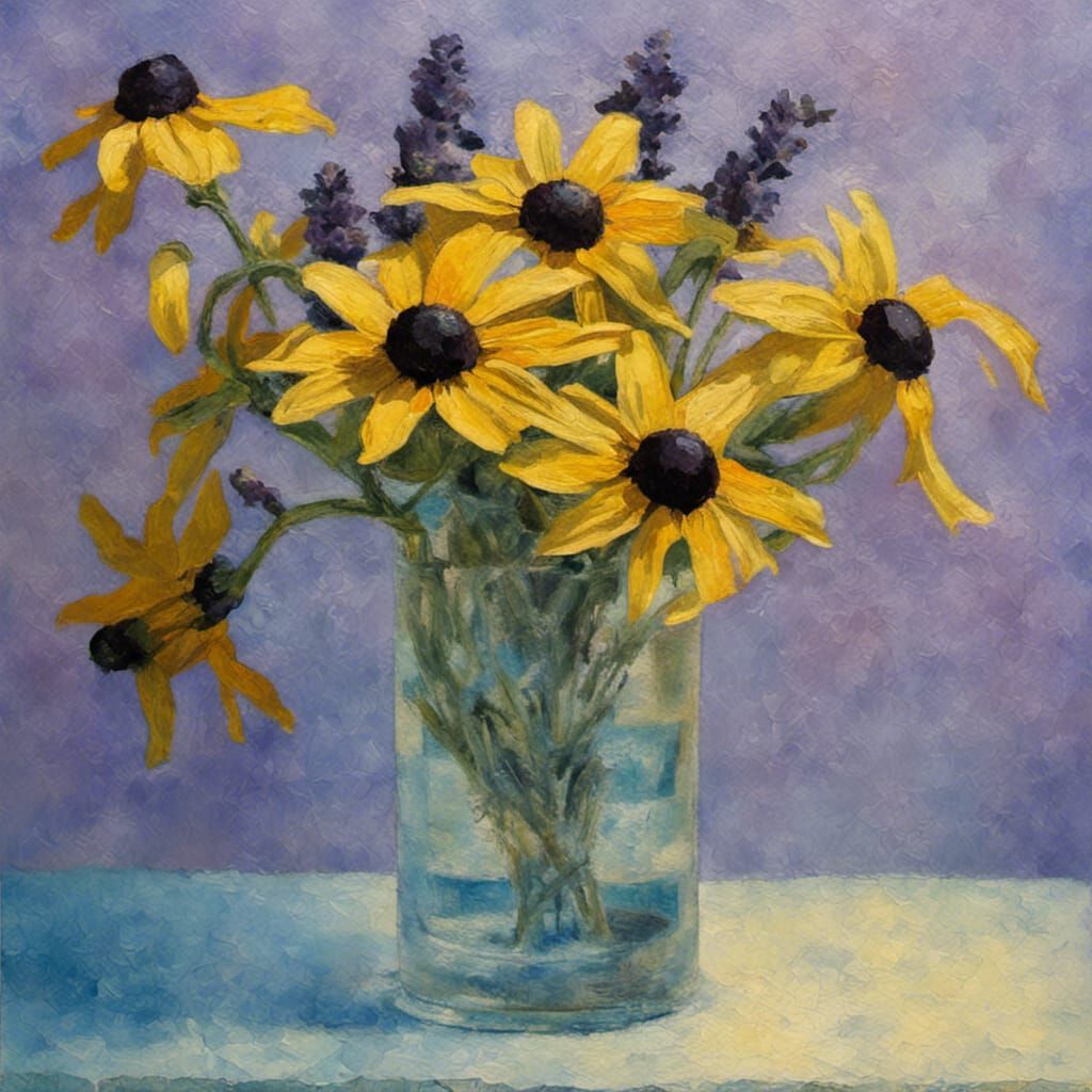 Black Eyed Susan in Frosty Etched Glass Vase Half Filled wit...