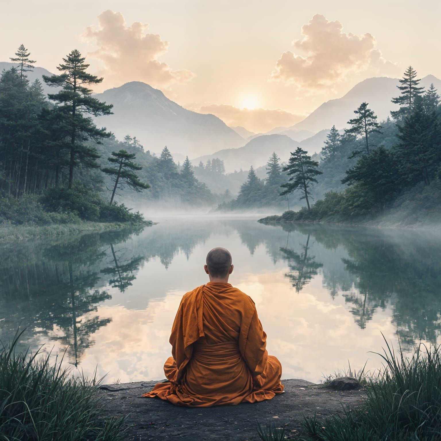 View of Buddhist monk from behind, looking into a still reflecting pond