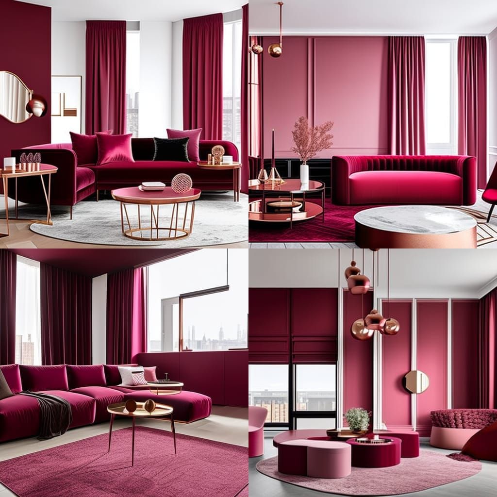Luxurious wine red loft Apartment with wine red walls with Rosy pink