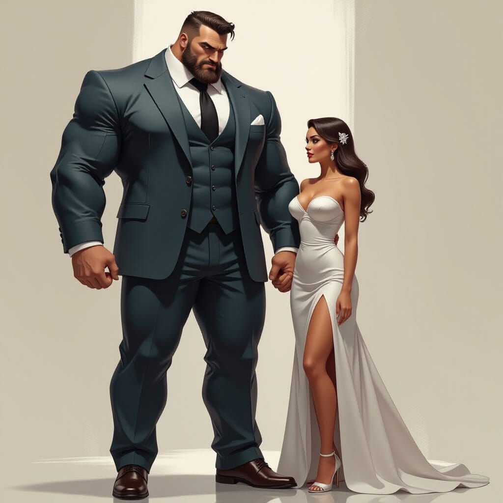 Protective Giant and Delicate Woman in Industrial Setting
