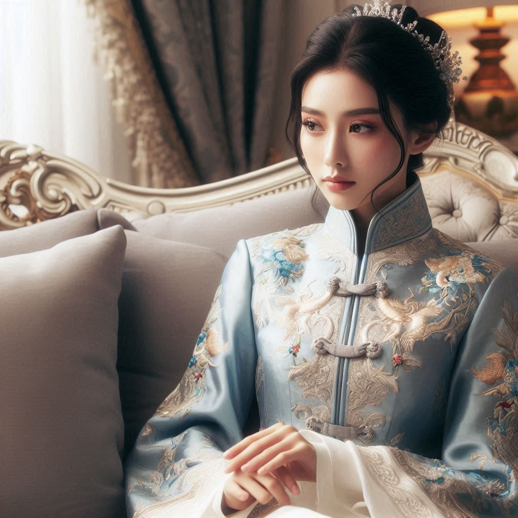 a young vibrant dark haired aristocratic woman sitting on a sofa