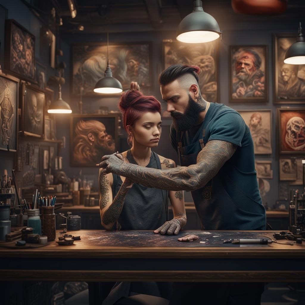 A tattoo artist working in a Tattoo parlor giving a girl a t...