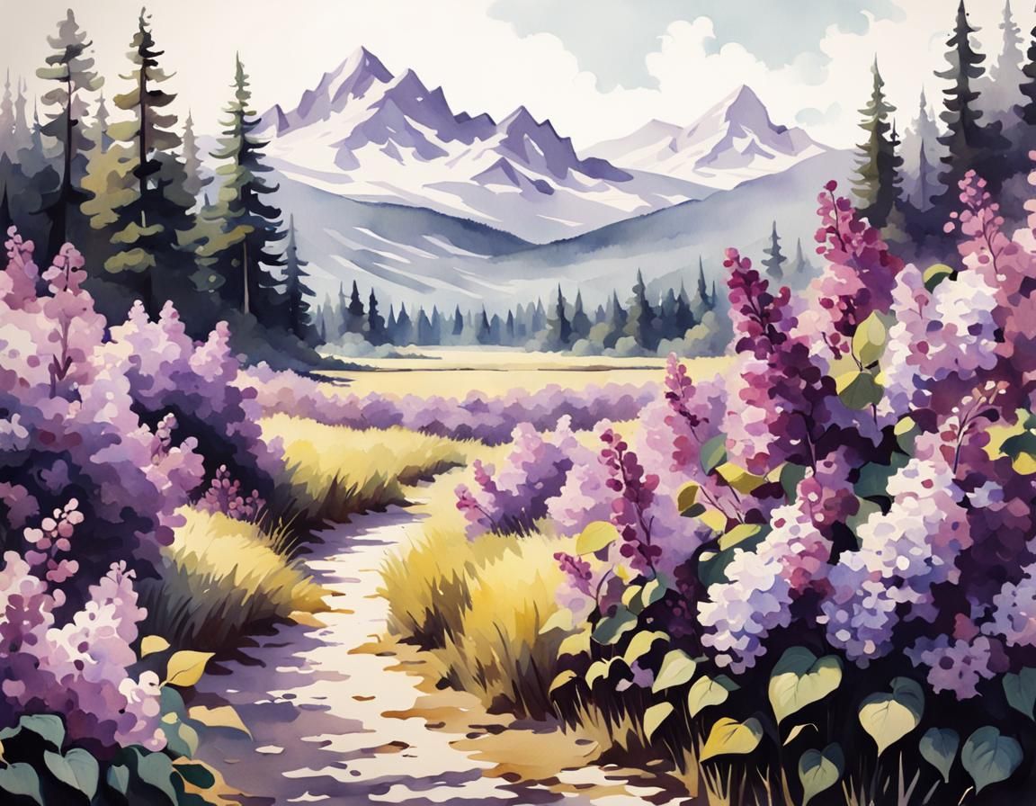 Lilac Field Watercolor Painting with Dark Shadows